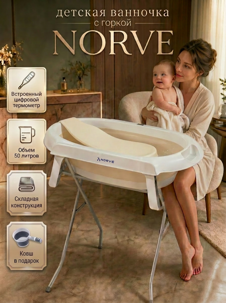 Ванночка детская "Norve" для купания новорожденных и малышей складная с горкой термометром подставкой, ковшик в подарок