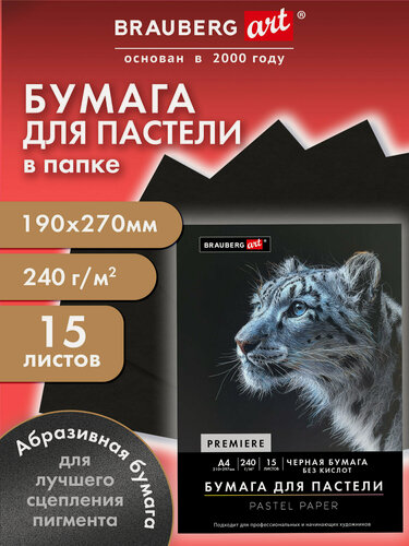 Изображение товара Бумага для пастели, для рисования художественная черная абразивная A4, набор 15 листов в папке, Brauberg Art, 117765