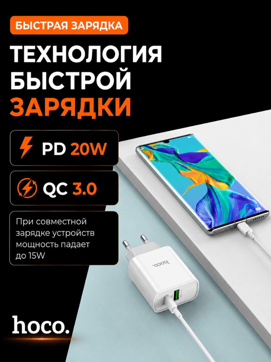Зарядное устройство для телефона, hoco C80A, быстрая зарядка, порт Type-C PD20W и USB-A QC3.0, без кабеля — фото 3