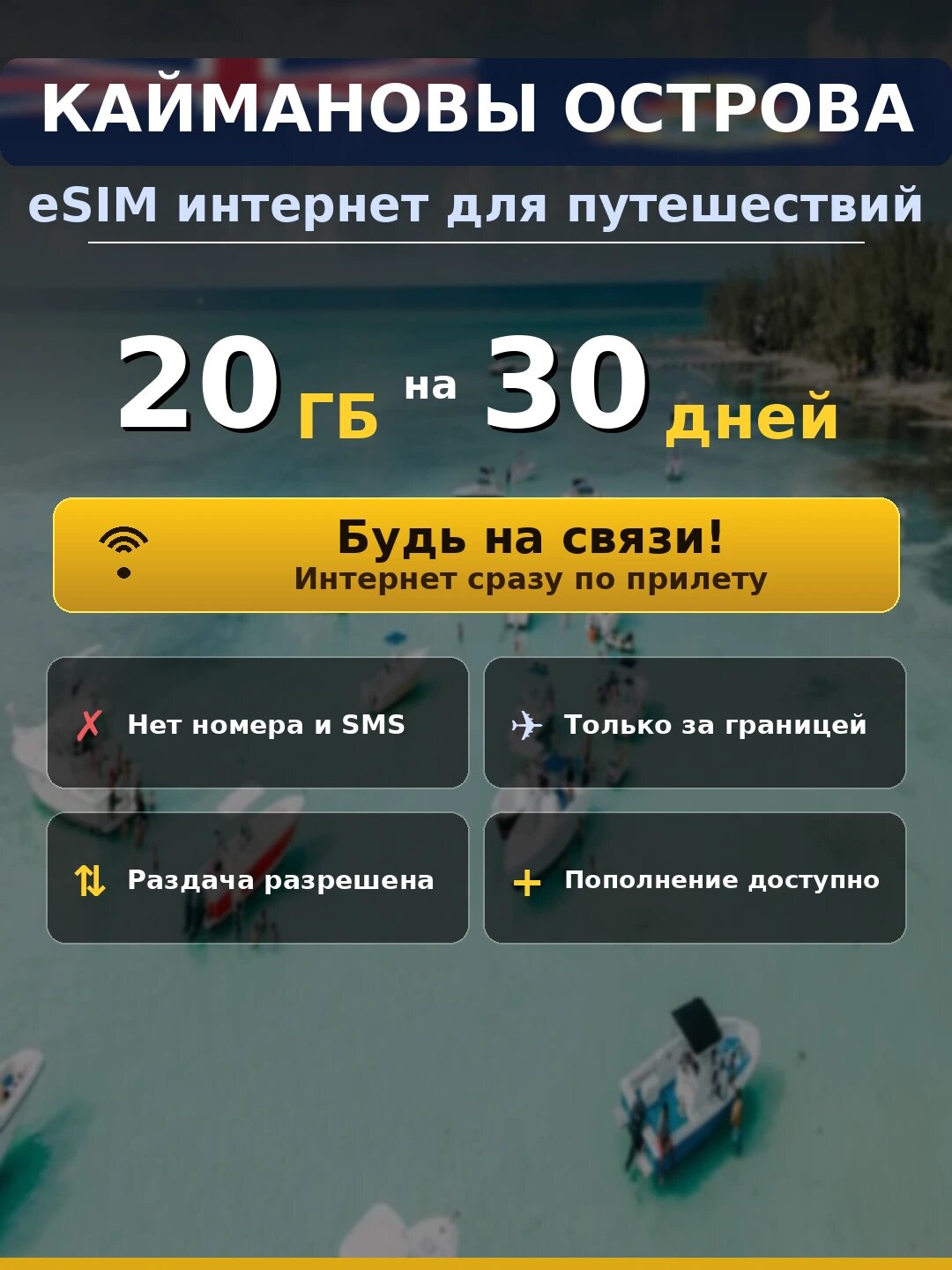 ESIM Каймановы острова — мобильный интернет 20 ГБ на 30 дней