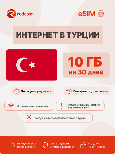 Изображение товара ESIM Турции для интернета 10 ГБ на 30 дней, можно раздавать трафик | виртуальная SIM-карта
