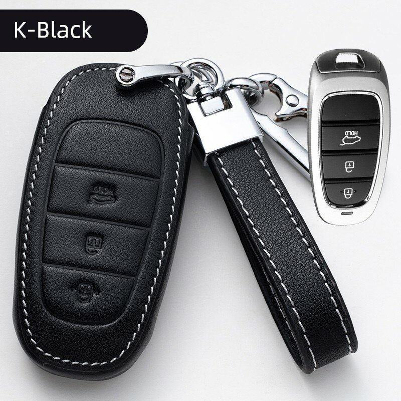 Ключевой брелок Hyundai K-стиль, черный кожаный ремешок, прочный дизайн, современная автомобильная аксессуар