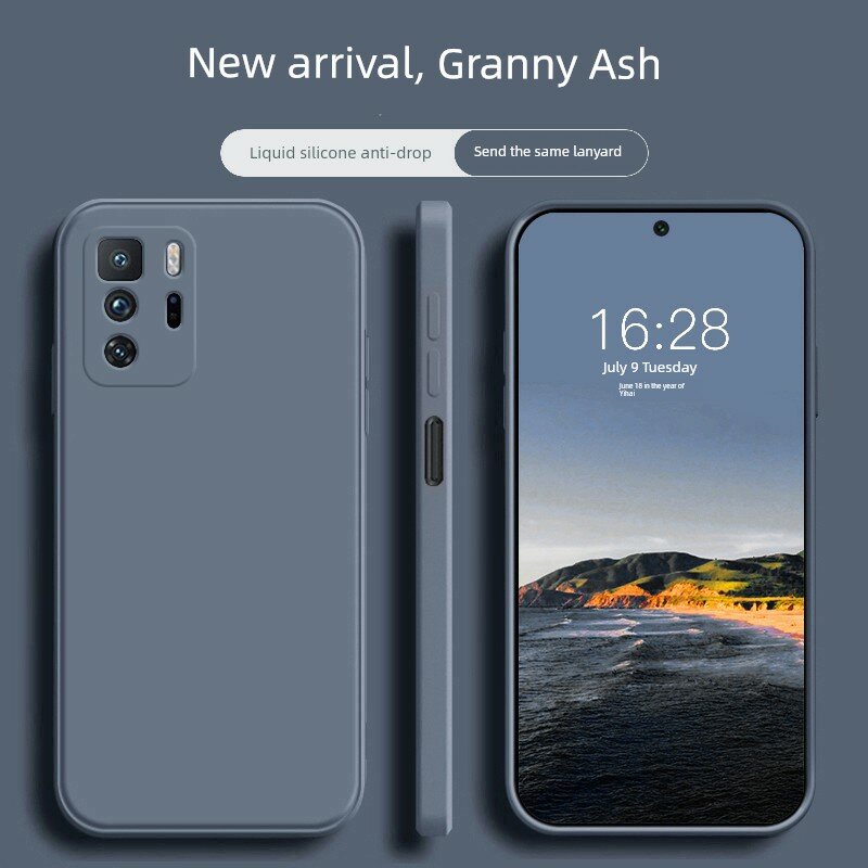 Чехол для Redmi Note 10 из жидкого силикона цвета перламутровый серый с защитной пленкой + жидким шнуром