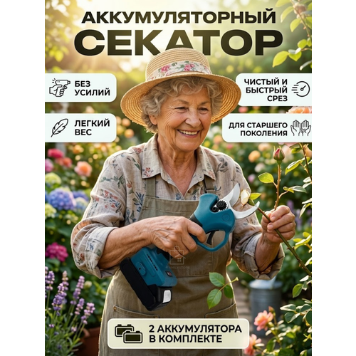 фото Секатор аккумуляторный, двусторонний нож, 2 аккумулятора, 800вт, 21в, 25 мм