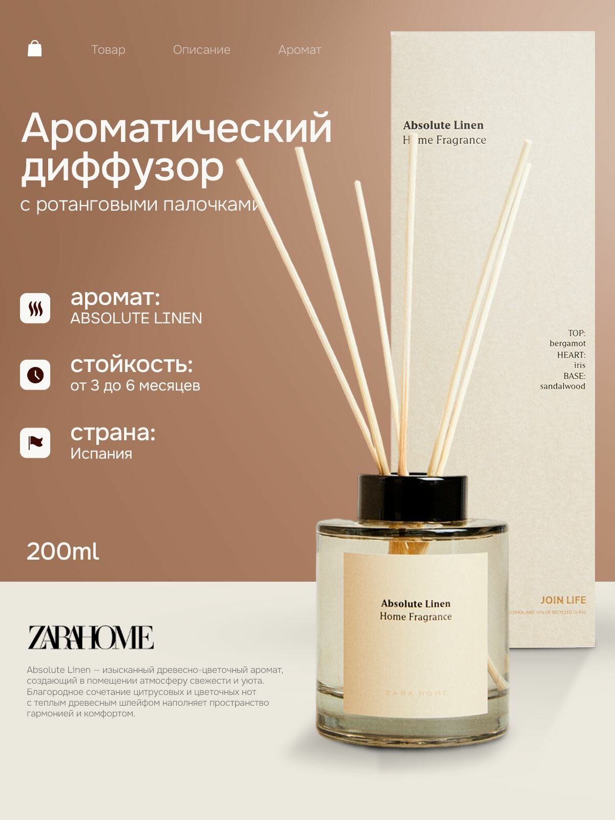 Ароматический диффузор для дома ZARA HOME Absolute Linen, 200 мл, интерьерный ароматизатор с палочками