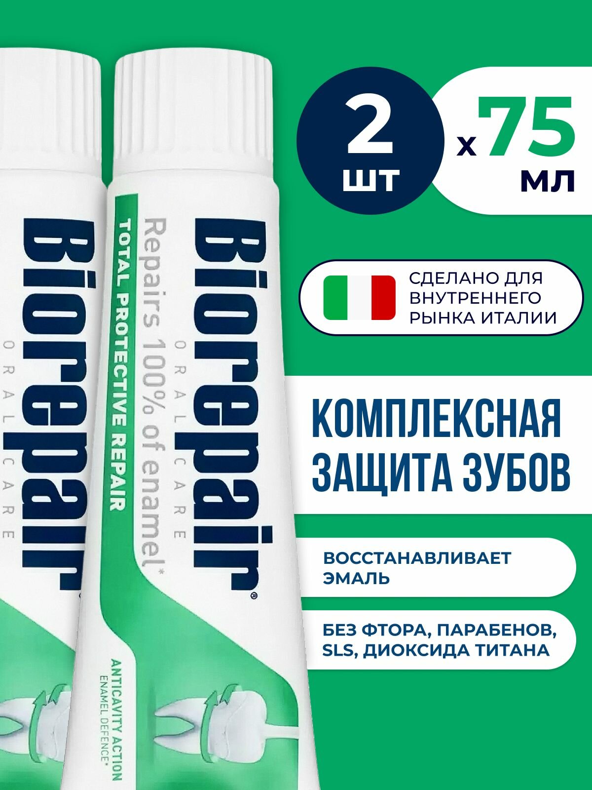 Зубная паста Biorepair (Биорепейр) Total Protective Repair Комплексная защита для зубов и десен, 75 мл, 2 шт.