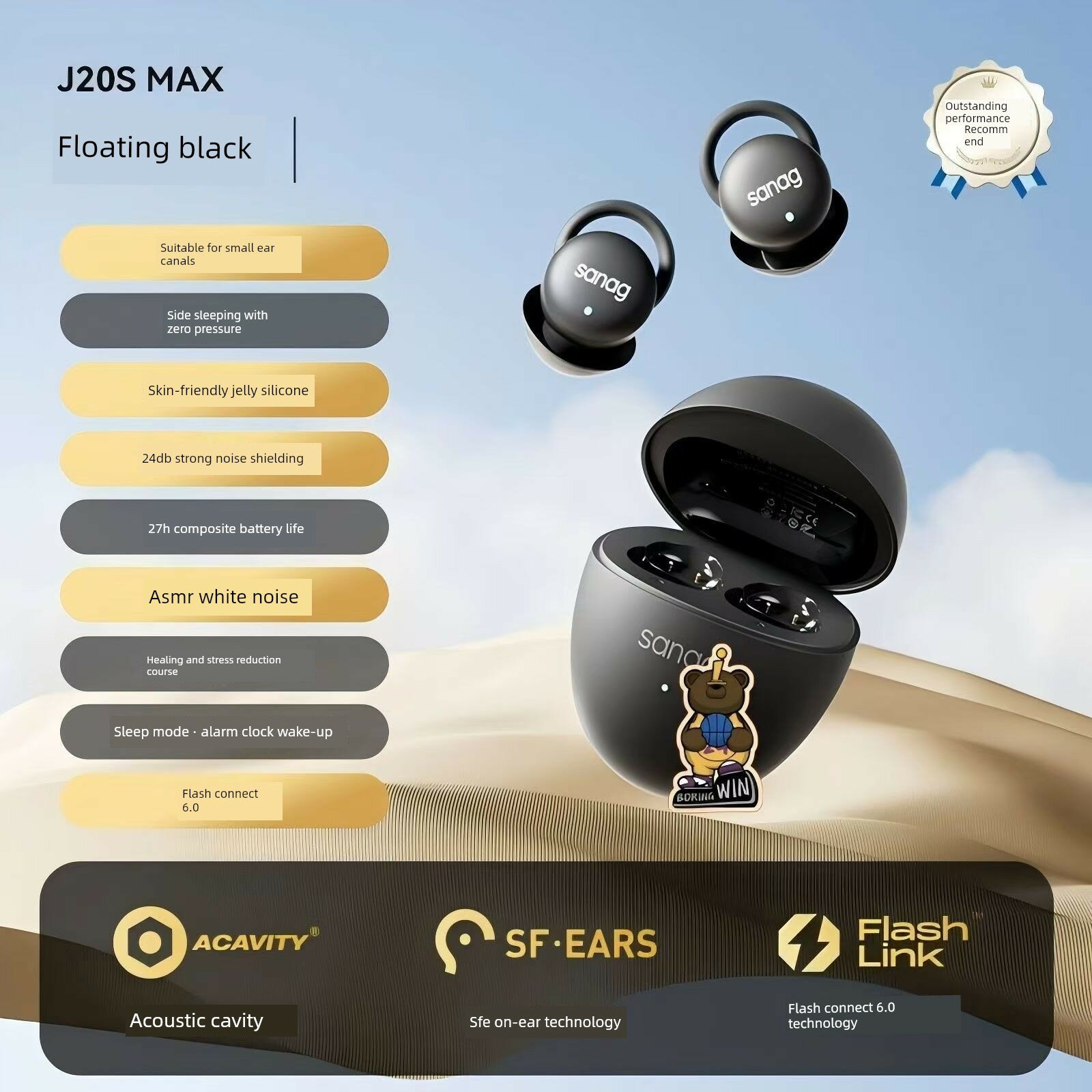Sanag J20S Беспроводные наушники Bluetooth с шумоподавлением для удобного сна на боку компактные черные