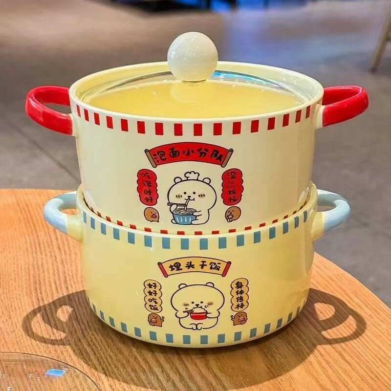 Керамический набор мисок для рамена Self-Deprecating Bear с двойной ручкой, крышками и совками для двоих
