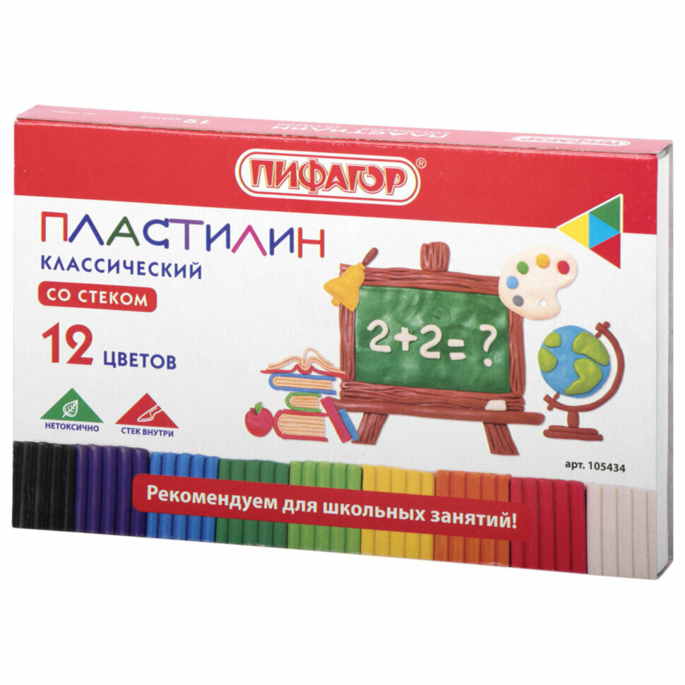 Пластилин классический пифагор школьный, 12 цветов, 180 г, со стеком, 105434, 105434