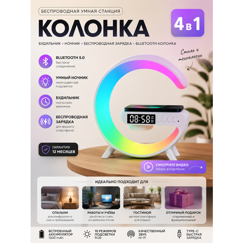 фото Стильный rgb ночник с беспроводной зарядкой и bluetooth колонкой
