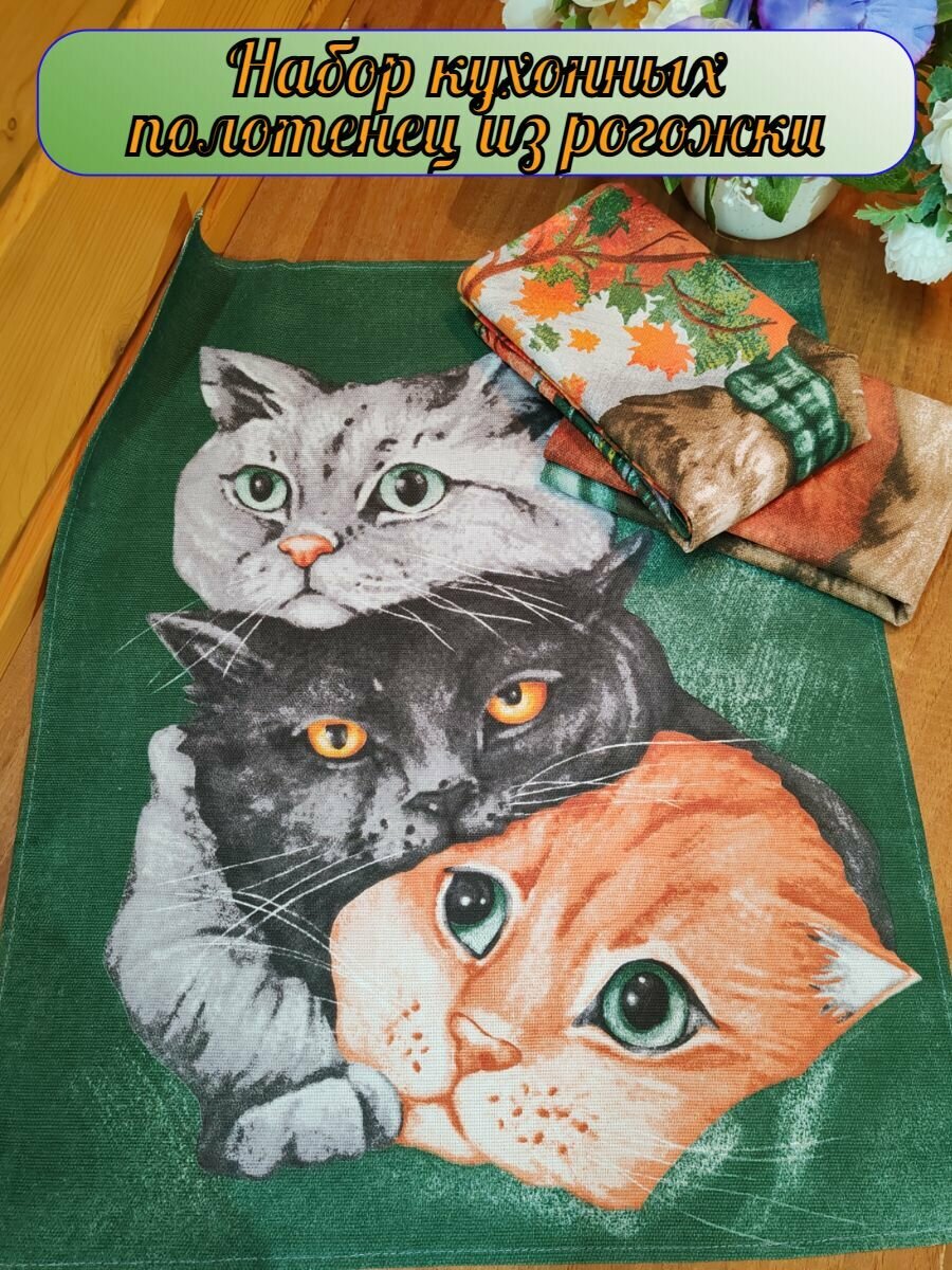 Полотенца кухонные Мягия "Коты", рогожка, хлопок 100%, цвет зеленый, оранжевый, 45x60см, 3шт