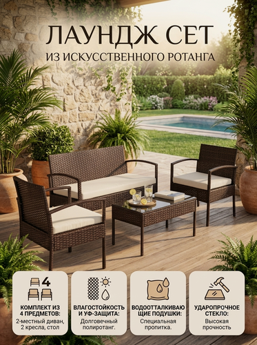 Изображение товара Комплект садовой мебели TetChair Лаундж сет диван 2 кресла стол полиротанг коричневый