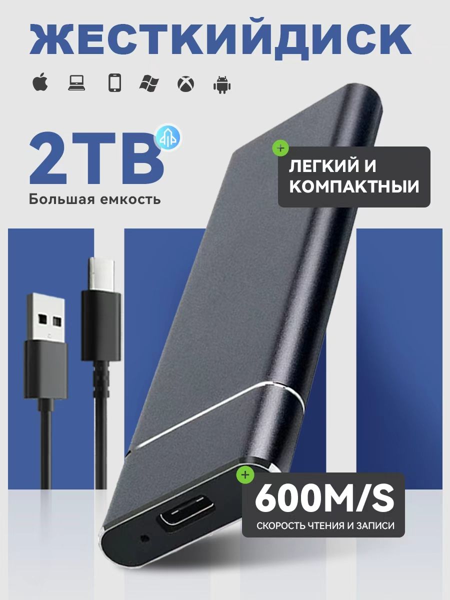 Hyper Disk 2 ТБ Внешний жесткий диск, Металл, черный