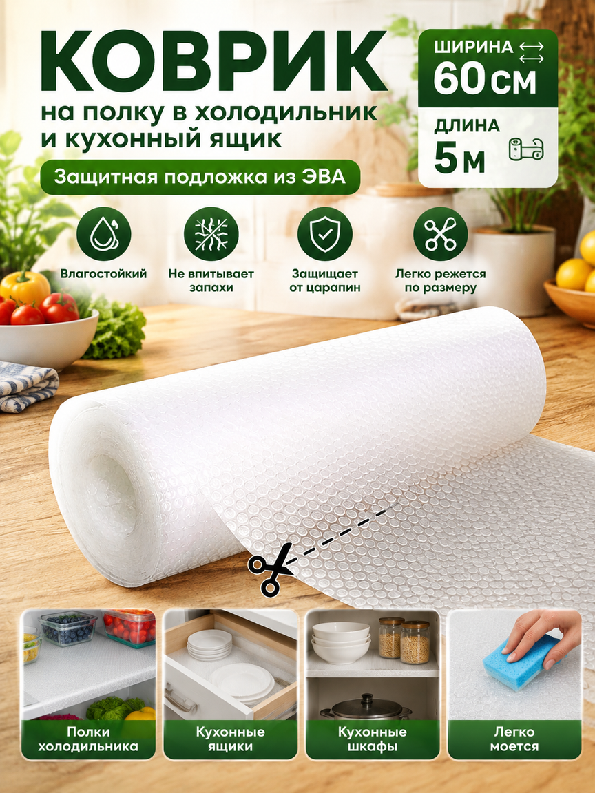 Коврик на полку в холодильник и кухонный ящик, рулон 60 см × 5 м, защитная подложка из ЭВА