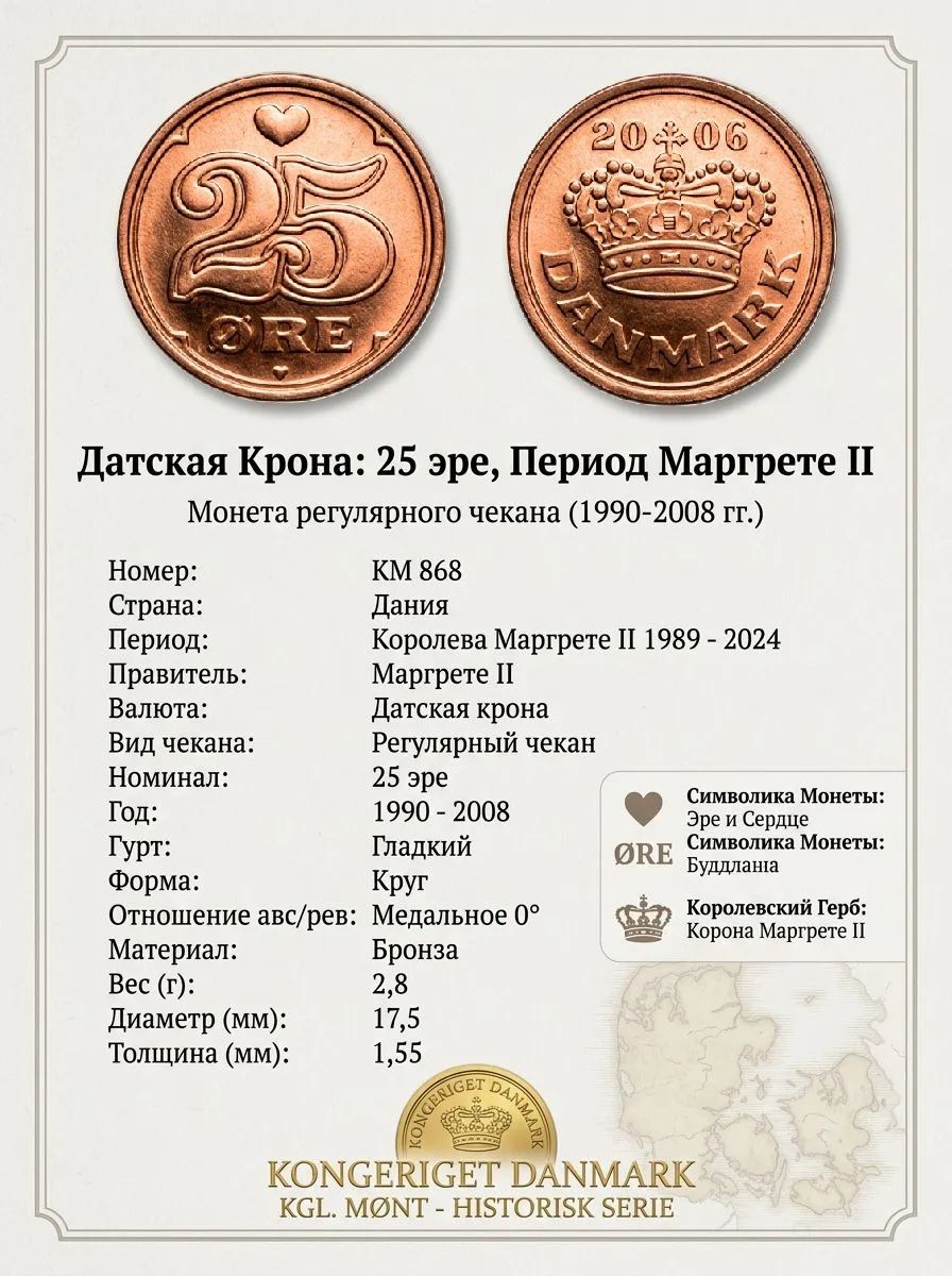 Дания 25 эре, 2006 Королева Маргрете II aUNC