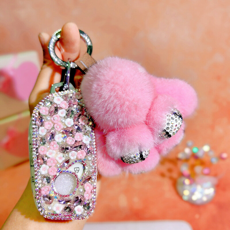 BMW Key Fob Cover Elite Style Pink with Pink Rabbit Fur and ｄｒｏｐ Clasp for BMW 5 Series X5 X1 X2 Models