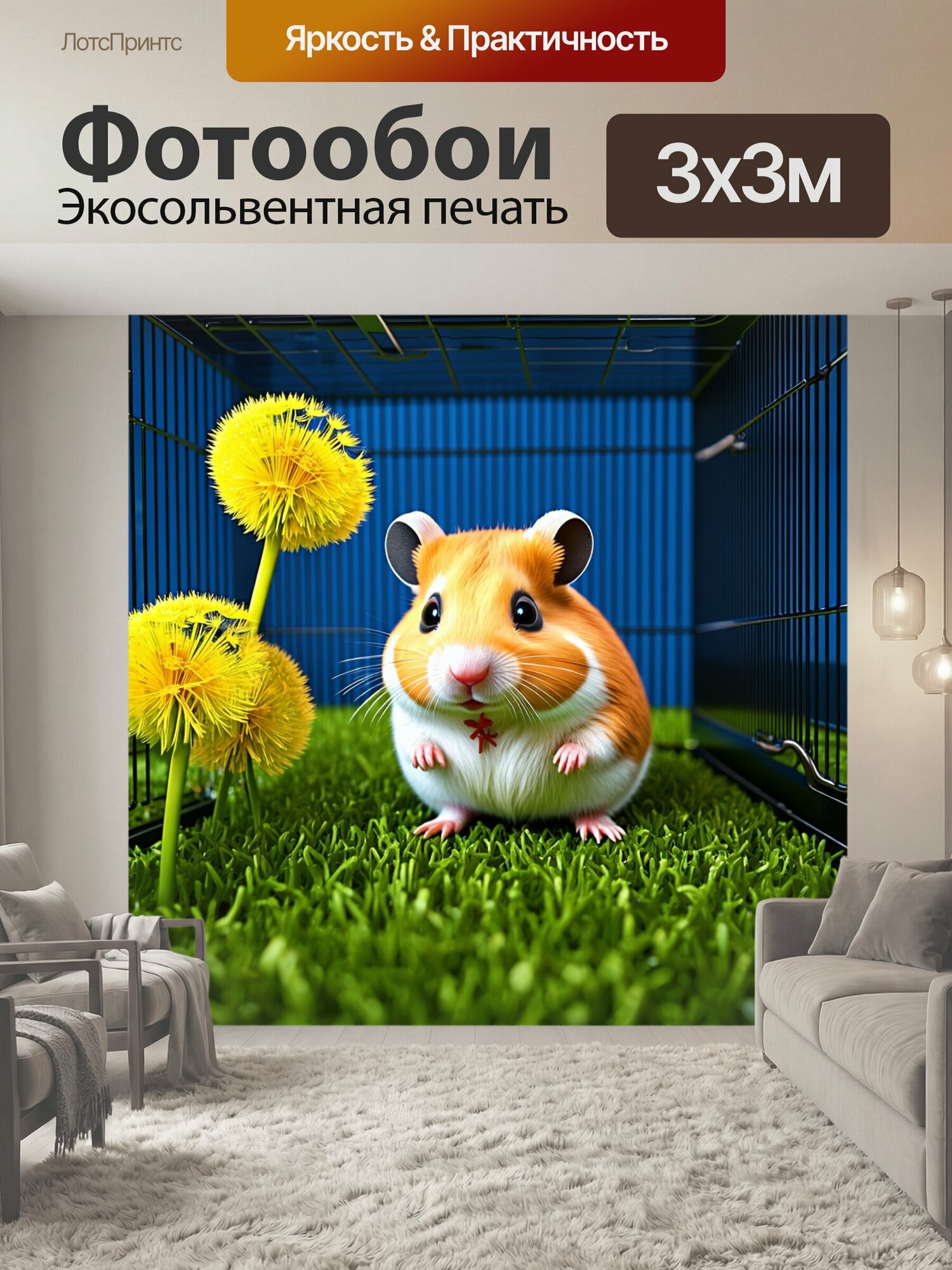 Фотообои "Хомячок, играющий с пушистыми одуванчиками в клетке, изображенный в технике 3d-моделирования. яркие и объемные детали делают." 300x300 см. экосольвентная печать