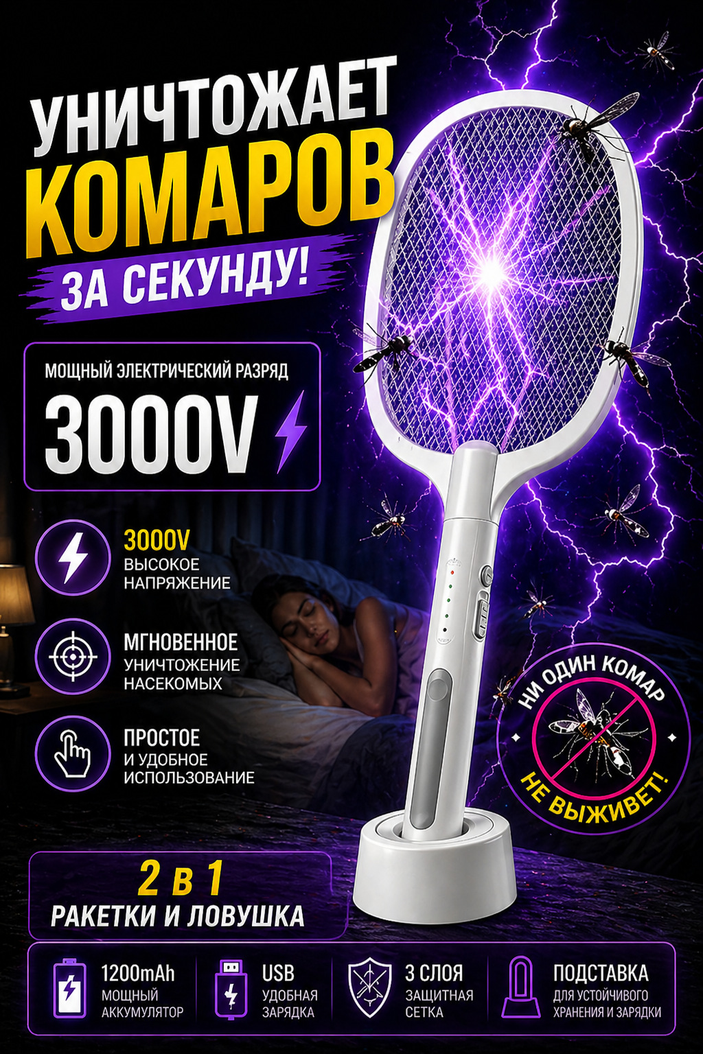Мощная электрическая мухобойка 2 в 1 Gecko 3000V с аккумулятором и 3-слойной защитной сеткой