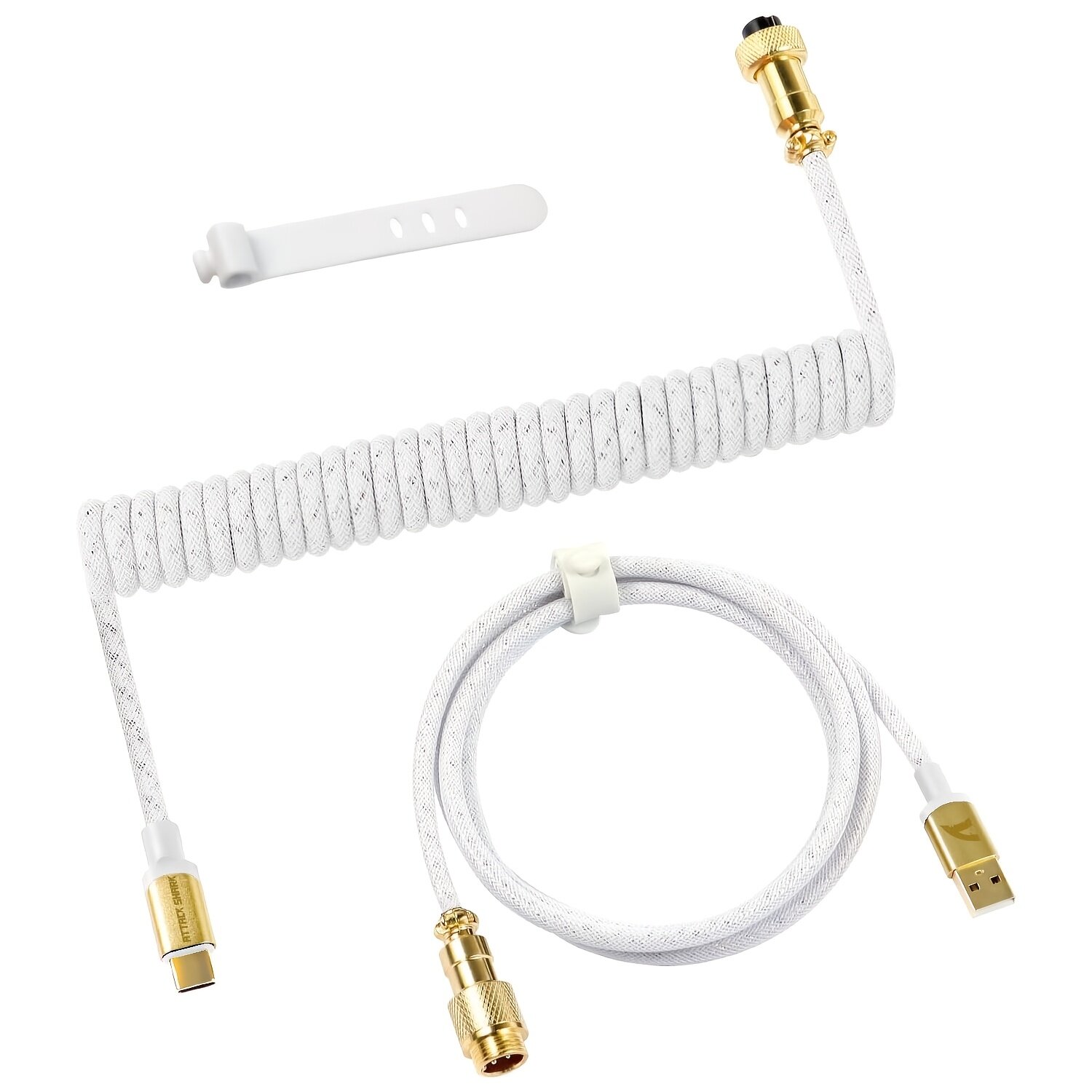 Спиральный кабель USB Type-C для механической клавиатуры, в нейлоновой оплетке, со съемным металлическим коннектором, белый