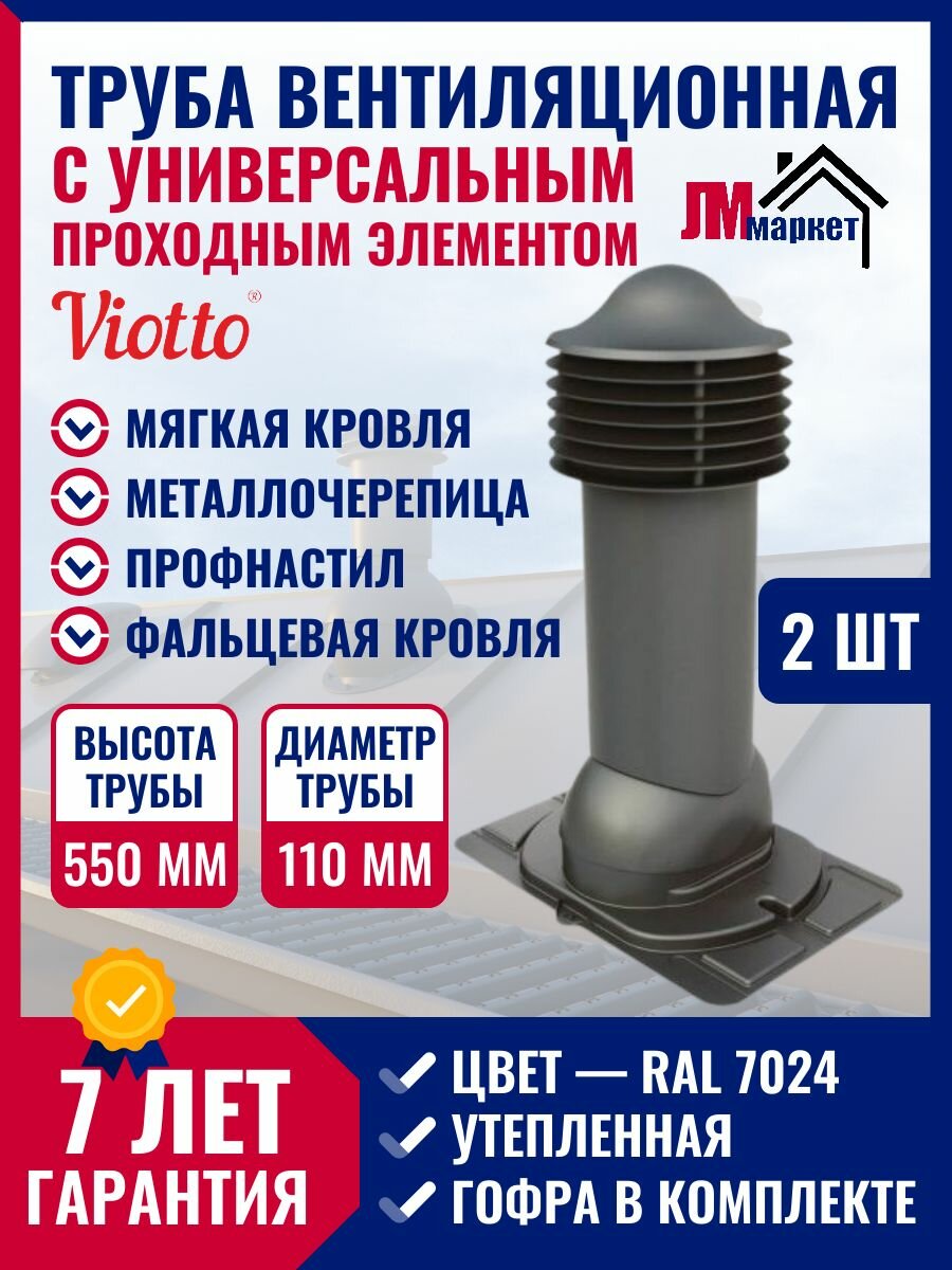 Труба вентиляционная на крышу, Viotto, 110/550 мм, с универсальным проходным элементом, RAL 7024, 2 шт.