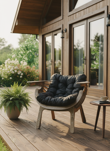 Изображение товара Садовое кресло "ракушка XXL" для отдыха на даче, цвет светлый дуб + коричневая подушка