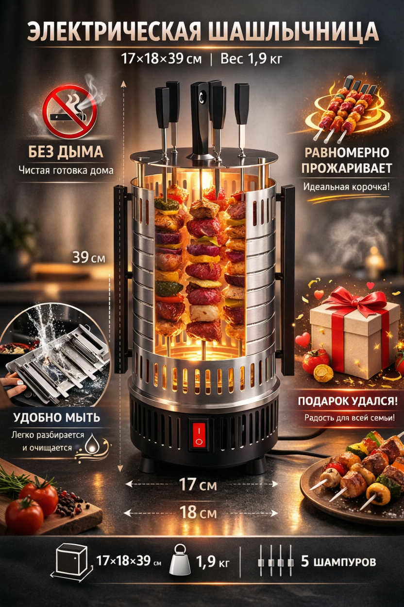 Шашлычница электрическая Lira LR 1305, 1000 Вт, 5 шампуров, автовращение, керамический нагреватель, для дома и дачи