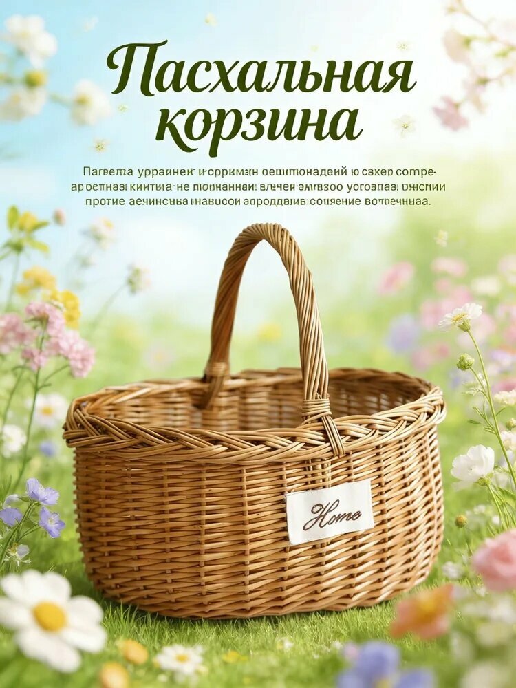 Пасхальная корзина плетеная для освящения яиц и кулича с удобной ручкой
