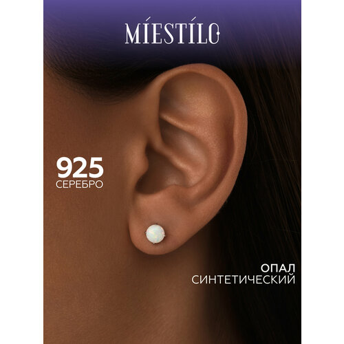 фото Серьги пусеты miestilo, серебро, 925 проба, родирование, опал синтетический, размер 6 мм, длина 0.6 см, , серебро