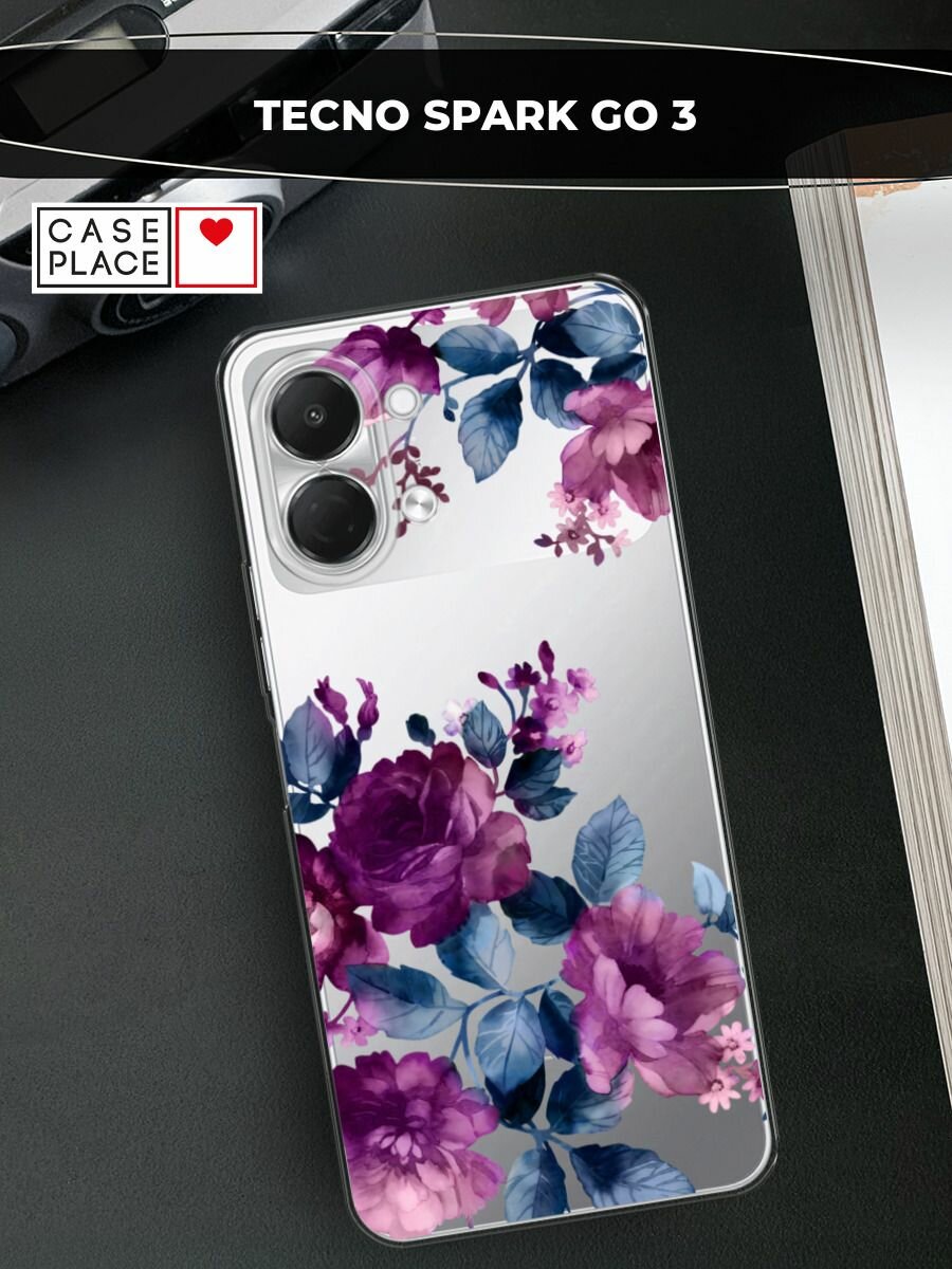 Чехол на Tecno Spark Go 3 / Текно Спарк Го 3 с принтом Purple Blossoms, прозрачный