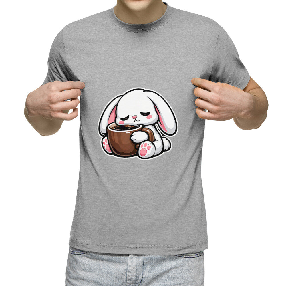 Мужская футболка «Зайчик в объятиях кофе» (серый меланж, 2XL)