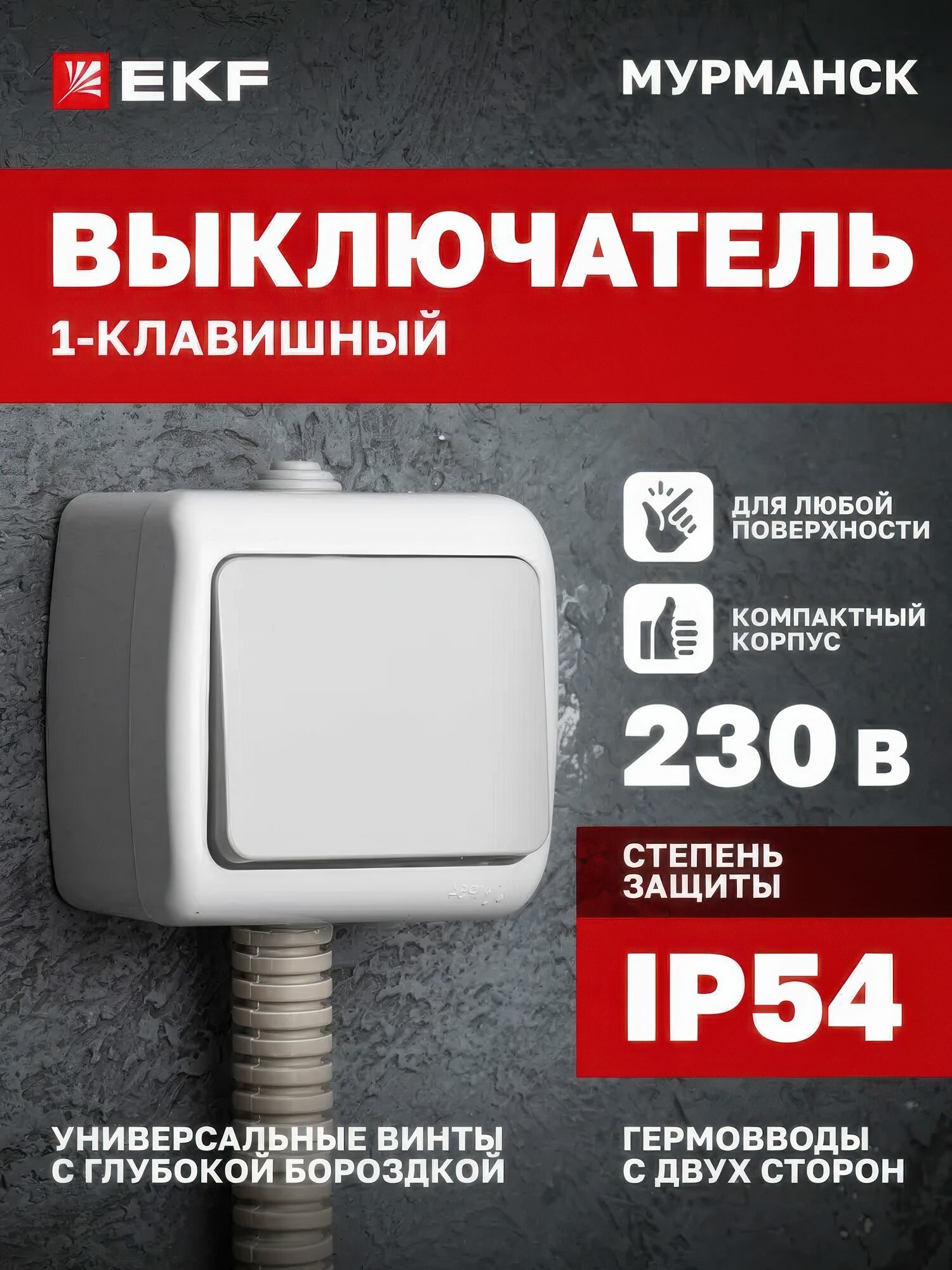 Выключатель одноклавишный Мурманск 1-клавишный 10А, IP54, серый