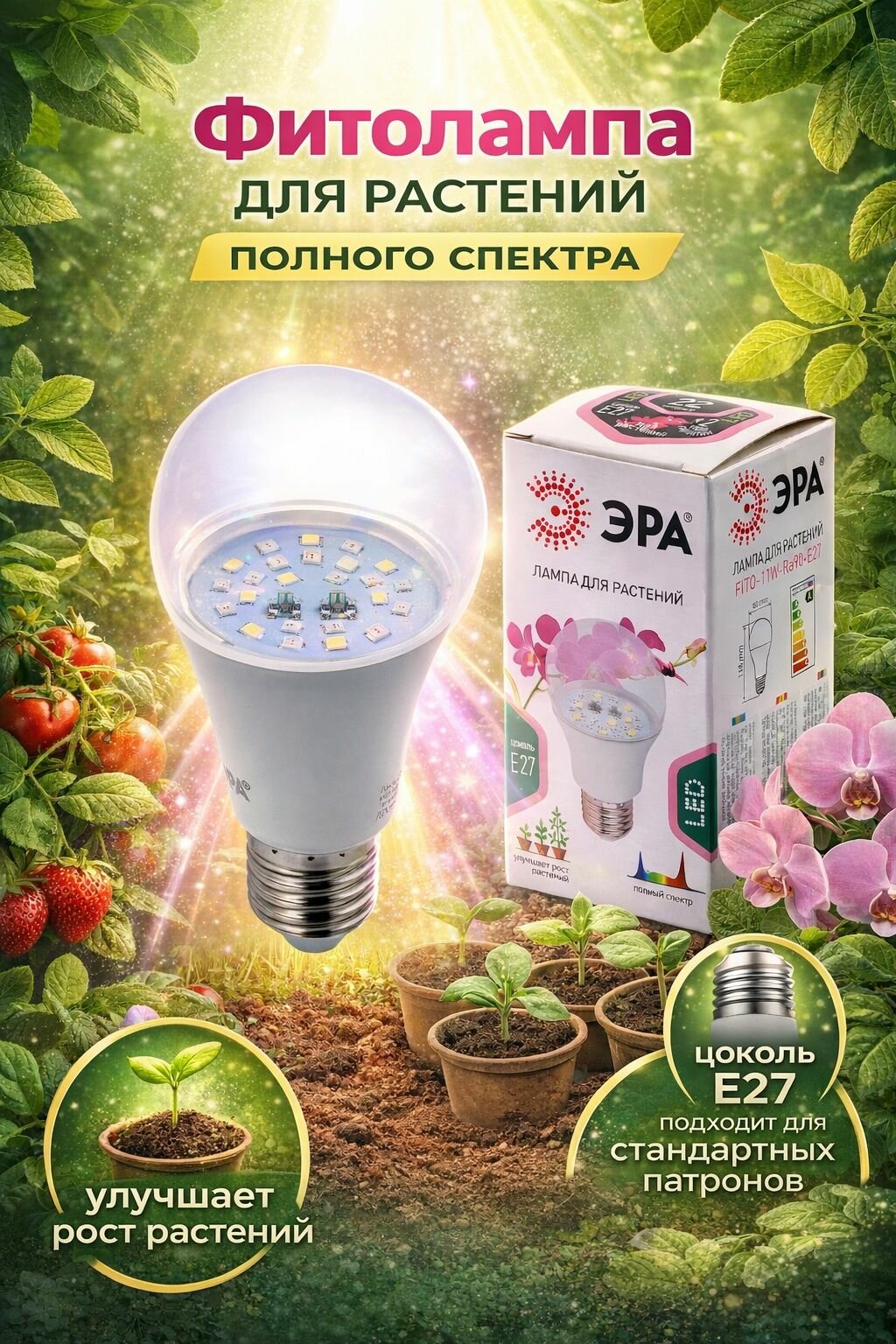 Фитолампа для растений полного спектра e27