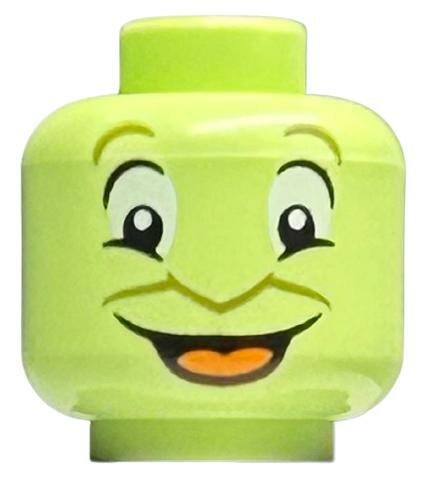 Деталь Lego 3626pb3291 Minifigure, Head Alien Olive Green Eyebrows and Nose Outline, Large White Eyes, Open Mouth Smile with Orange Tongue Pattern