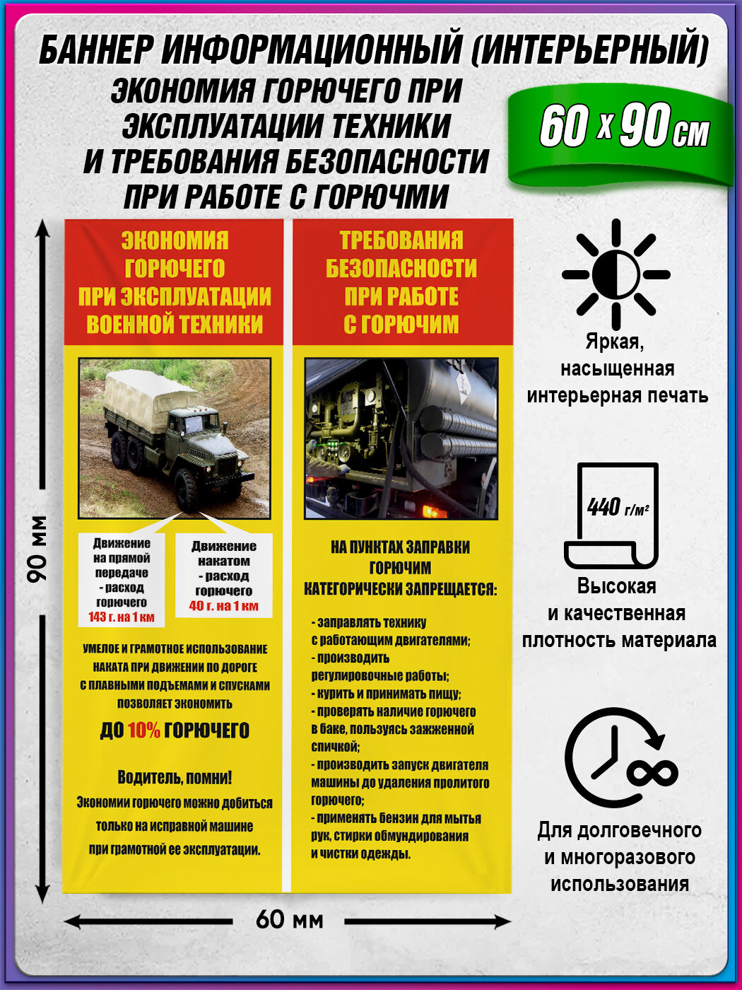Баннер-плакат военный Экономия горючего при эксплуатации военной техники и требования безопасности при работе с горючим / 60х90 см