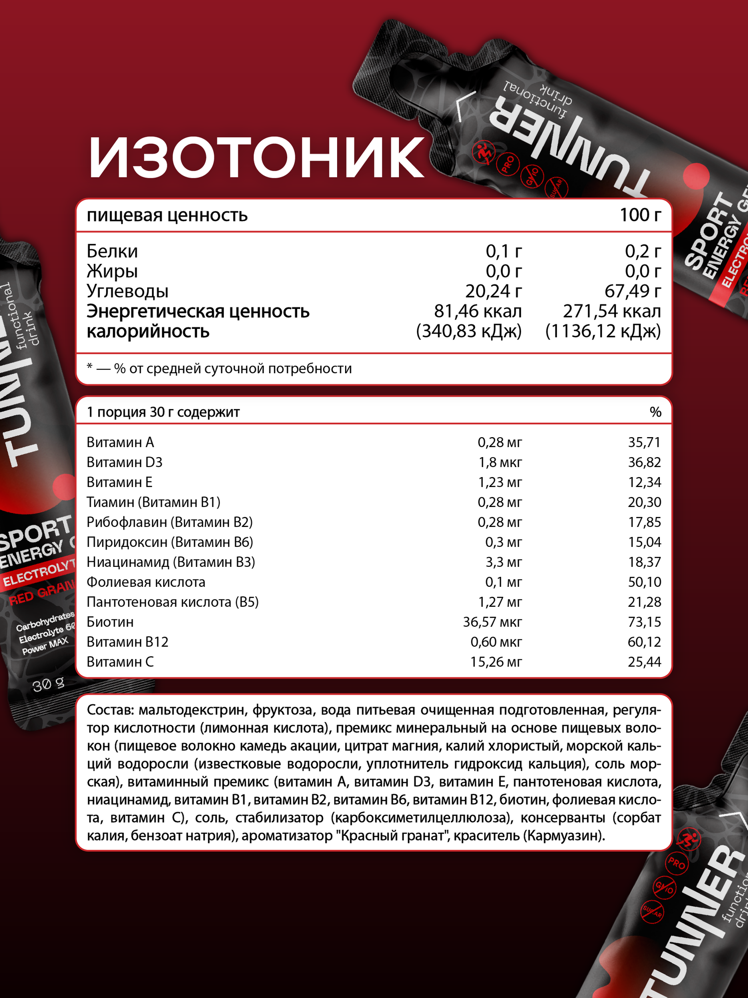 Изотонический напиток ENERGY GEL ELECTROLYTE, TM "TUNNER", со вкусом граната 10*30гр — фото 1