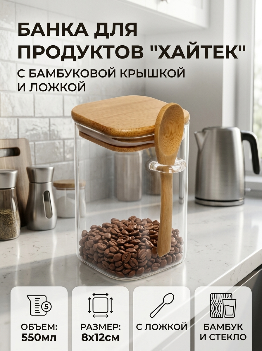 Банка для продуктов стеклянная 550мл «Хай-Тек» с бамбуковой крышкой и ложкой, квадратная 8*12см