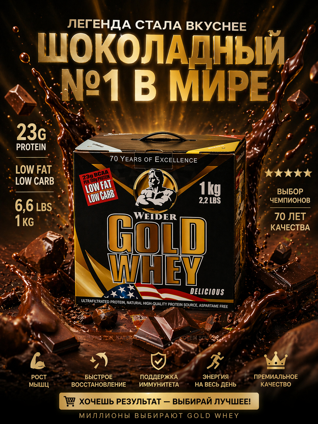Протеин Gold Whey от Weider 1кг 10 порций каждая порция 23 грамм протеина. Шоколад