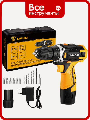 Изображение товара Аккумуляторная дрель-шуруповерт DEKO DKCD12V SET1 в кейсе + оснастка 13 шт, 2_2,0 А·ч 083-1022
