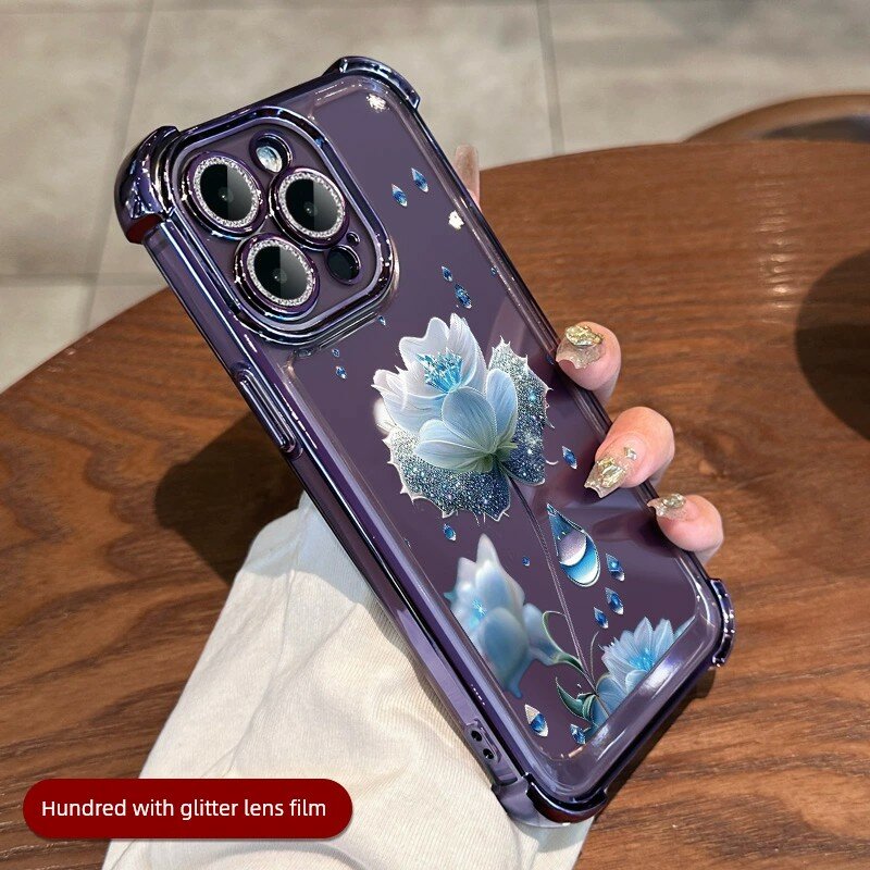 Чехол для iPhone 11 темно-фиолетовый с синим цветочным узором, блестящая пленка для объектива и пылезащитная сетка