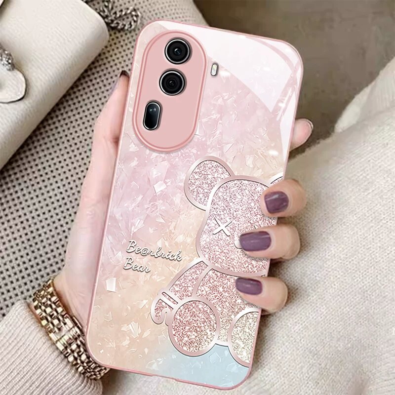 Чехол для телефона OPPO Reno10 Pro+ с рисунком Diamond Bear и защитным стеклом, металлическое покрытие, розовый цвет