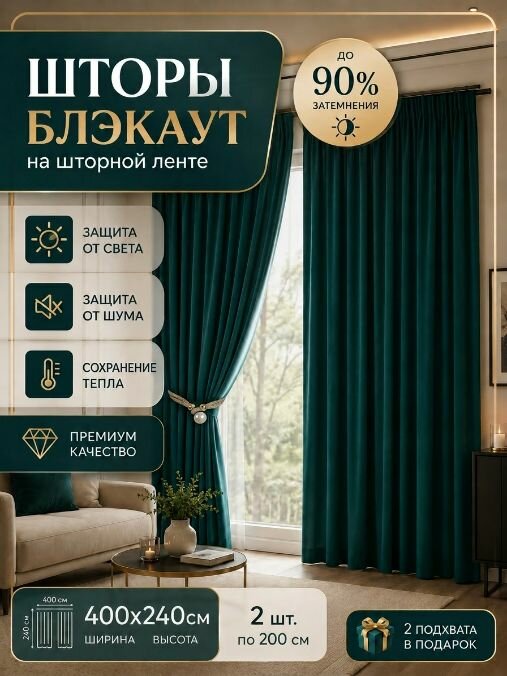 Комплект изумрудных штор блэкаут 400x240 для комнаты