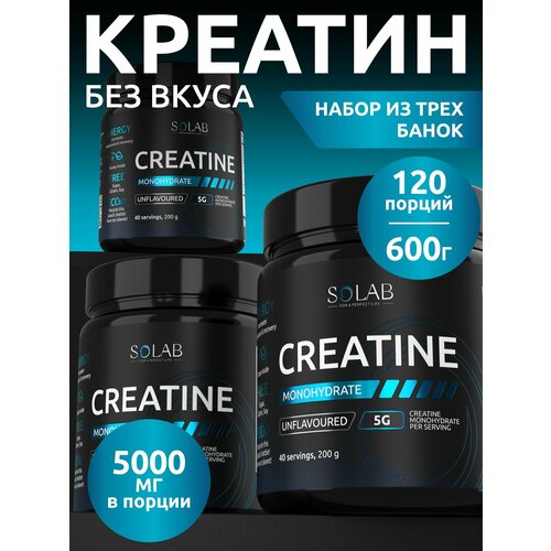 фото Комплект креатинов 3 шт, креатин моногидрат порошок, вкус нейтральный, 30 порций, для набора массы тела solab