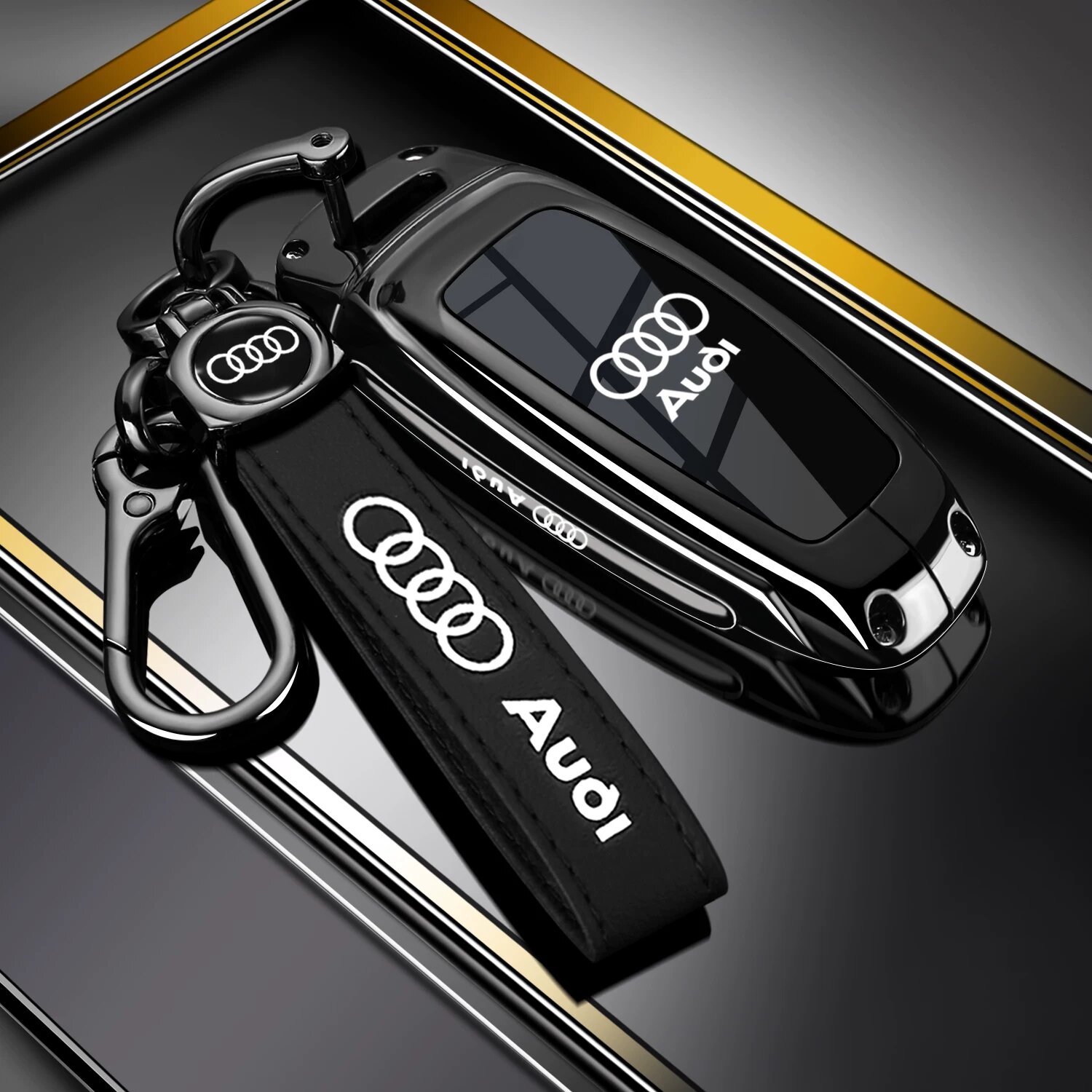 Ключевой браслет для Audi из цинкового сплава черного цвета с автомобильным логотипом и застежкой-ремешком