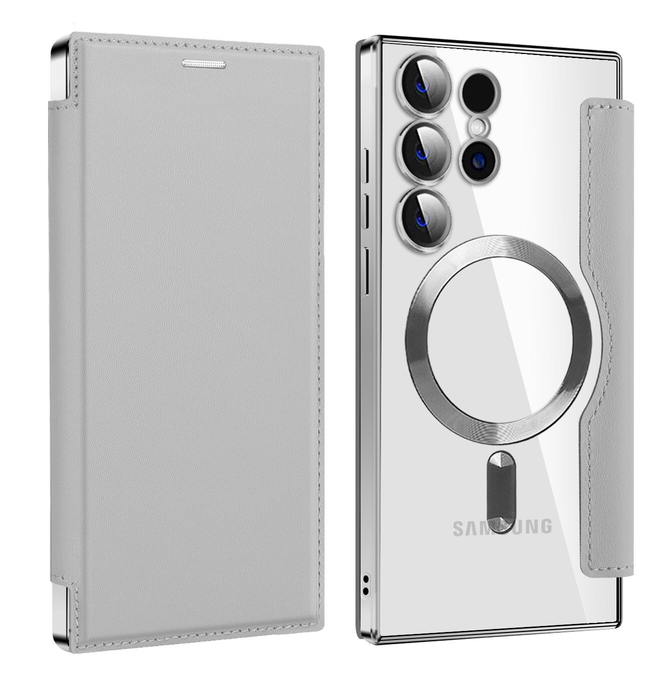 Чехол-книжка для Samsung Galaxy S26+(Самсунг Галакси S26+) из PU-кожи, с карт-слотами, RFID, MagSafe, Серый