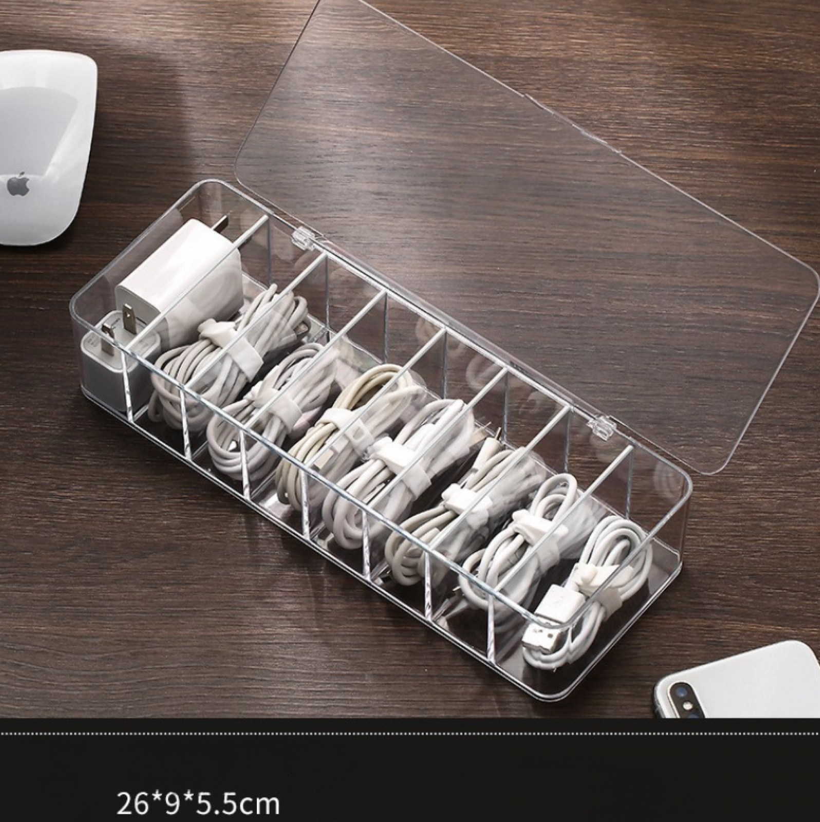 Бокс-органайзер MyPads с крышкой для хранения проводов и мелочей, 10 отделений, прозрачный пластик