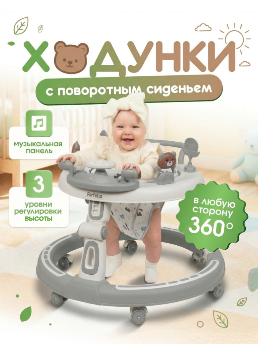 Ходунки детские с поворотным сиденьем на 360° Farfello A7 серый