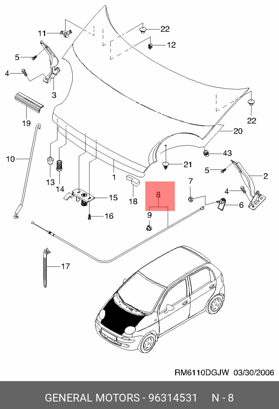 Трос Капота Matiz/Spark Org (GM/Daewoo/Ravon 96314531)
