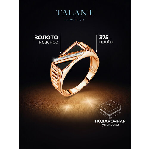 фото Печатка talant, красное золото, 375 проба, родирование, фианит, размер 21, ширина 6.5 мм, золотистый, черный
