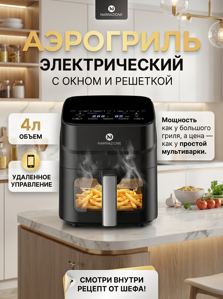 Аэрогриль электрический NARRAZIONE ERA470D / 4л,1250вт, 9 программ, аэрофртюрница с чашей и решеткой