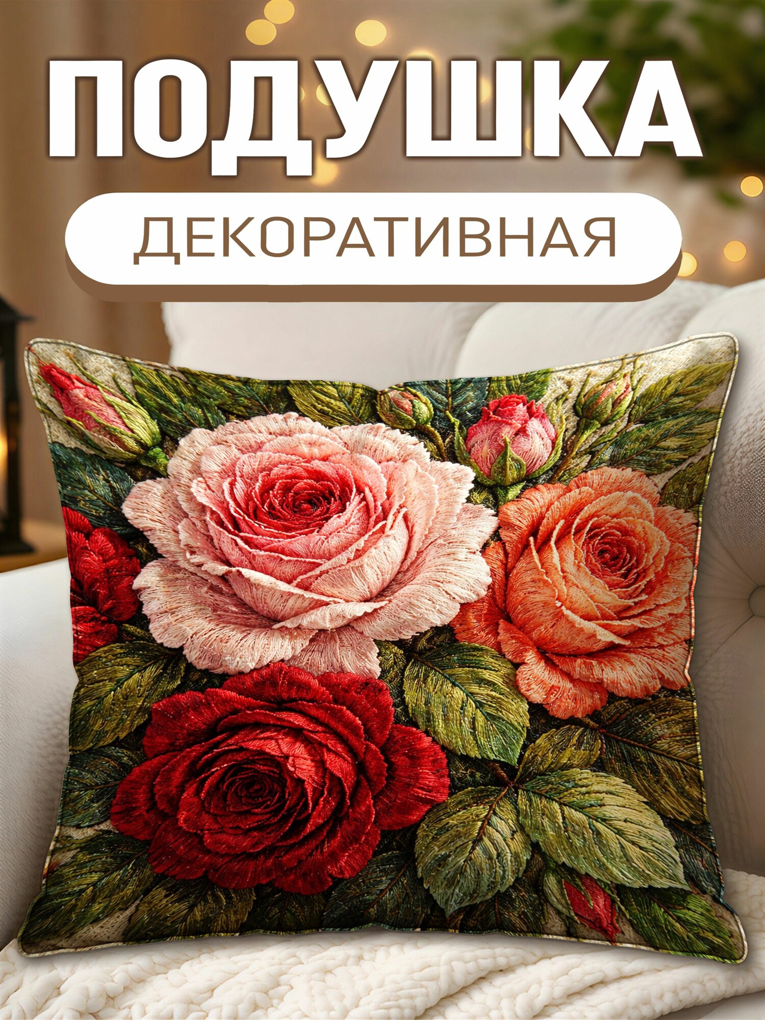 Подушка декоративная с принтом Розы, размеры 40 х 40 см, 1 шт.